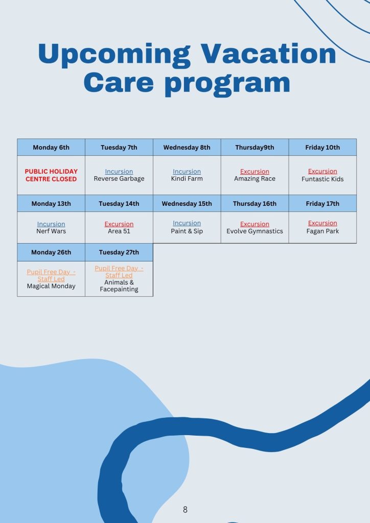 Upcoming Vacation Care